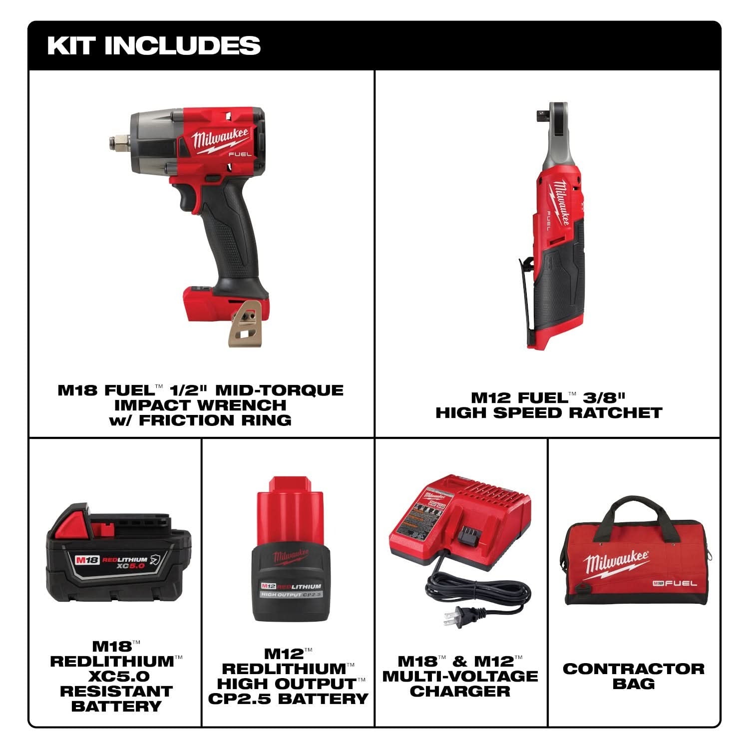 Milwaukee 3890-22 M18 FUEL Impact Wrench & M12 FUEL Ratchet 2-Tool Combo Kit