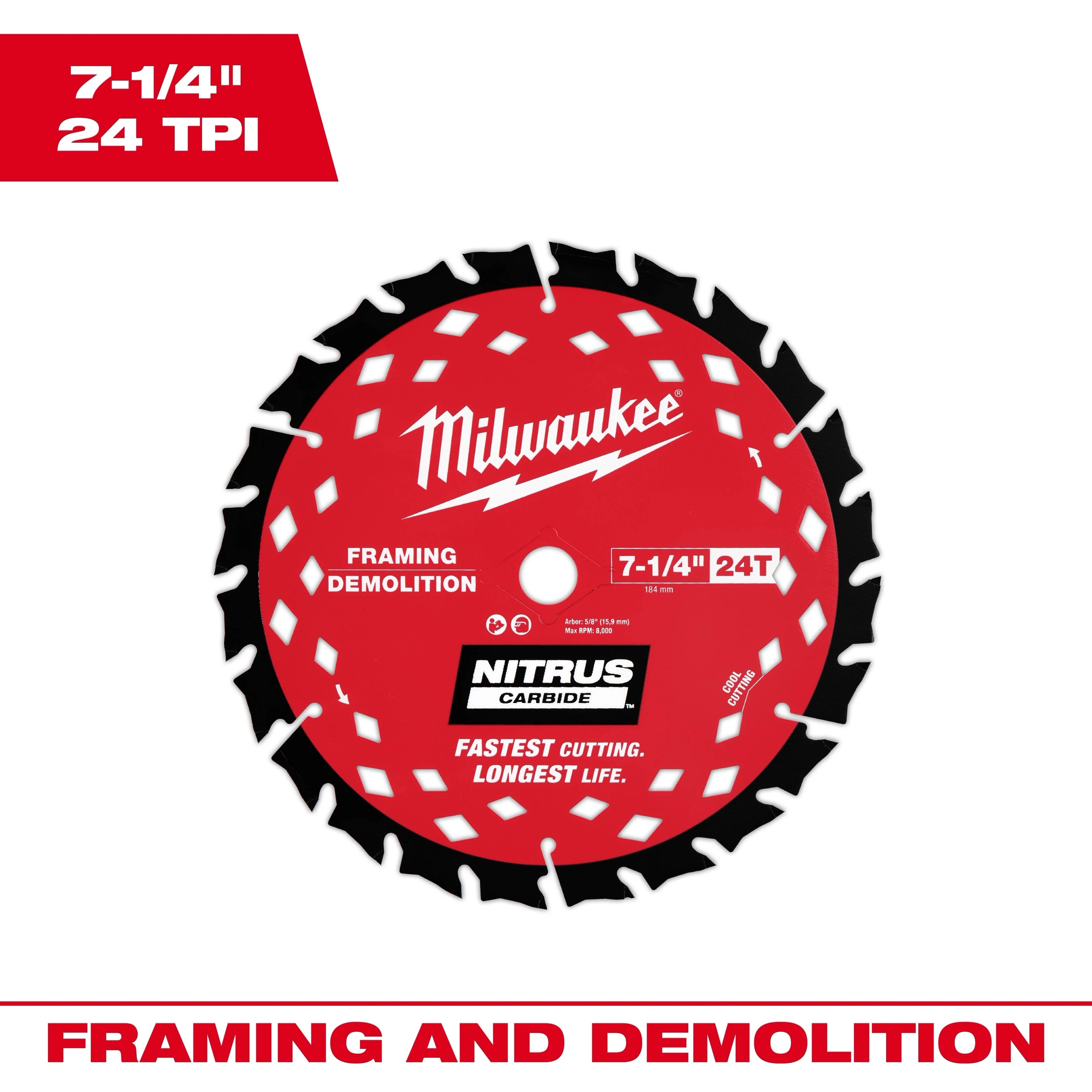 Milwaukee 7-1/4-in. 24-Tooth NITRUS Carbide Framing & Demolition Circular Saw Blade, 10-Pack (48-41-0750)