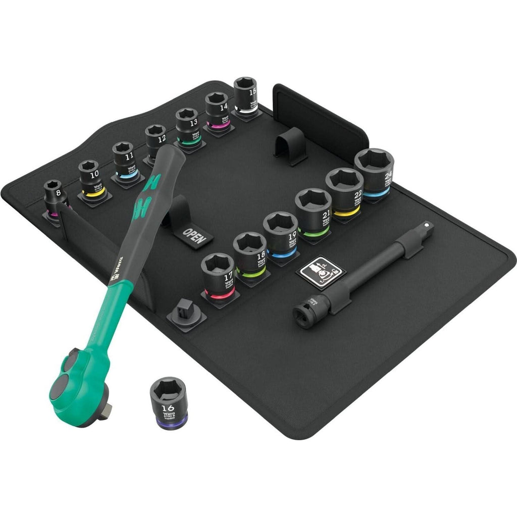 Wera 8100 SB 12 Zyklop Comfort Ratchet Set, Reversing Lever, 3/8-in. Drive, Metric, 16-Pieces