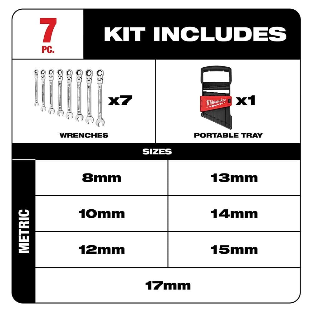 Milwaukee 48-22-9529 Metric Flex Head Ratcheting Combination Wrench, 7-Pieces