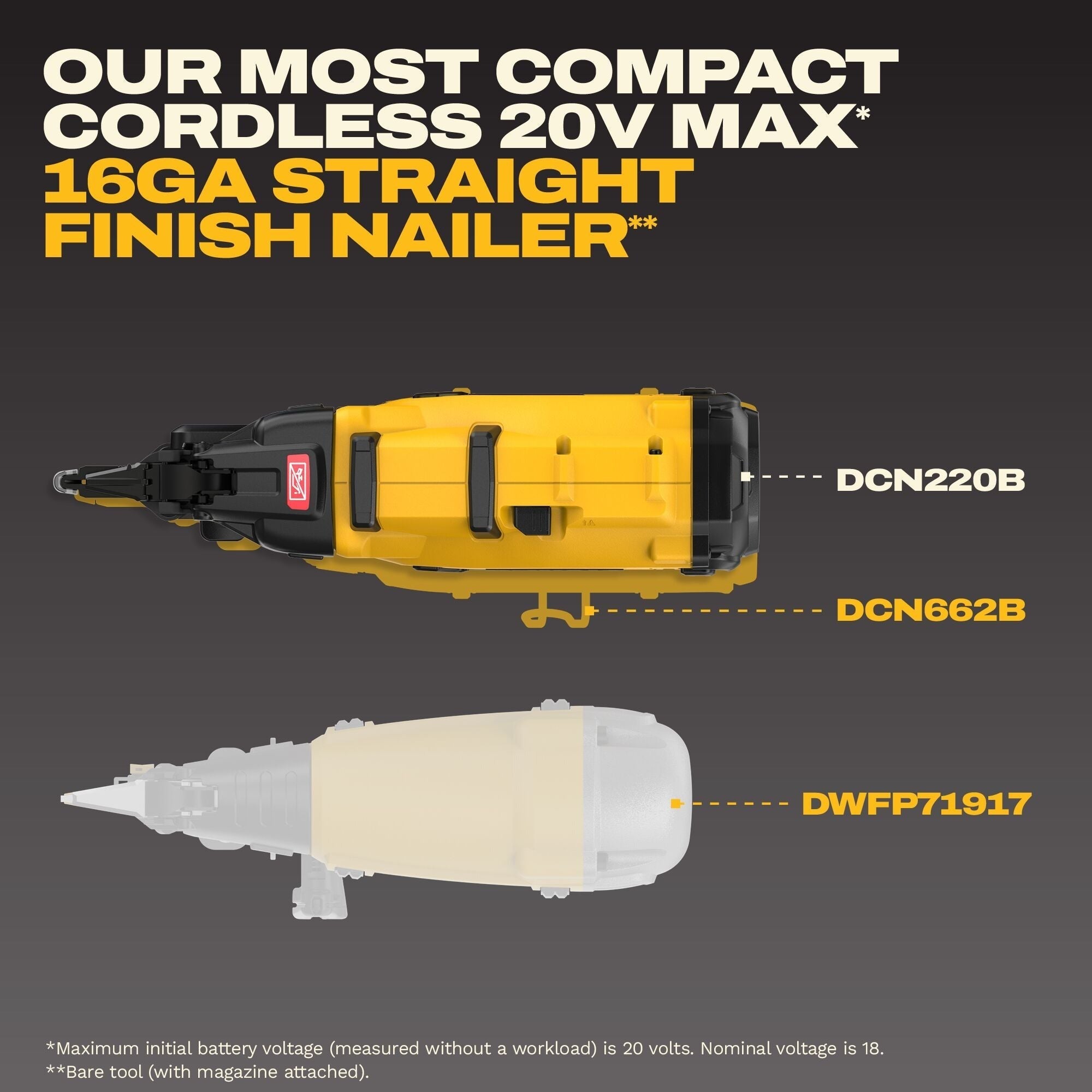 DEWALT 20V MAX* XR Cordless 16GA Straight Finish Nailer, Tool Only (DCN220B)