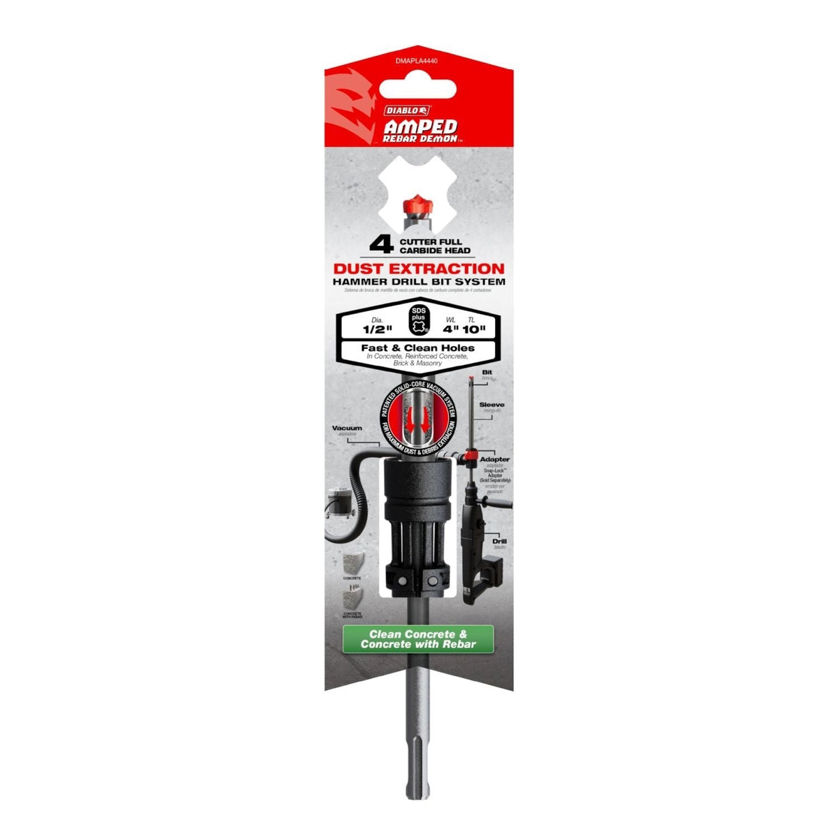 Diablo DMAPLA4440 1/2-in. x 4-in. x 10-in. AMPED Rebar Demon SDS-Plus 4-Cutter Full Carbide Head Dust Extraction Hammer Drill Bit