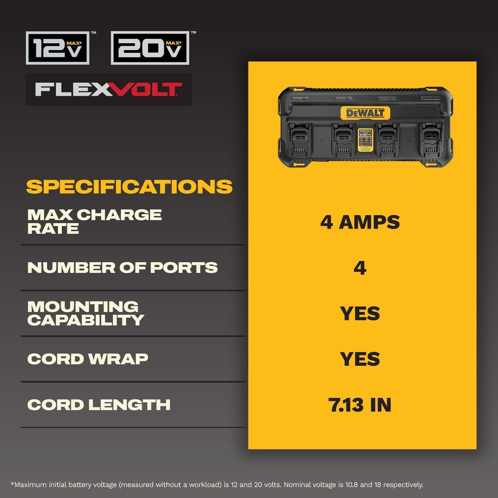 DeWALT DCB1404 4-Amp 4-Battery Simultaneous Multiport Battery Charger for 12V/20V/FlexVolt