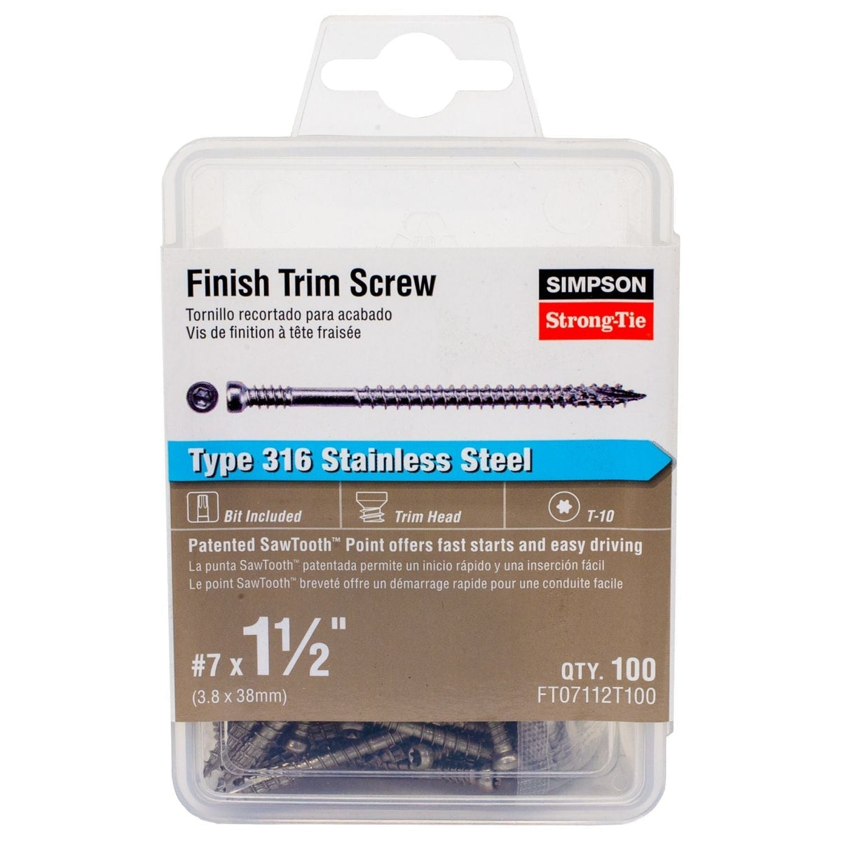 Simpson Strong-Tie FT07112T100 Finish Trim Screw, #7 x 1-1/2-in. T10, Trim-Head, Type 316, 100-Pack
