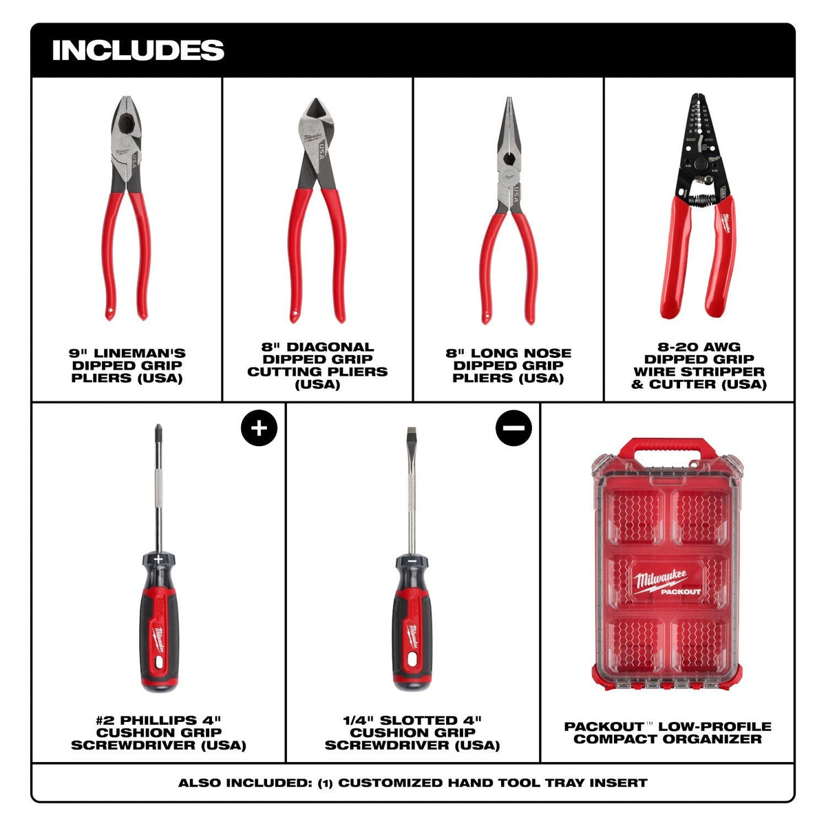 Milwaukee MT500-6P 6-Piece Dipped Grip Pliers, Wire Stripper, & Cushion Grip Screwdrivers PACKOUT Low-Profile Compact Organizer Set