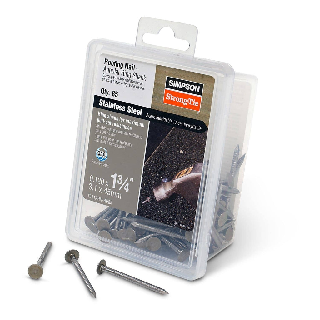 Simpson Strong-Tie T511ARN-RP85 Roofing Nail, Annular Ring Shank, 1-3/4-in. x .120-in. Type 316 Stainless Steel, 85-Pack