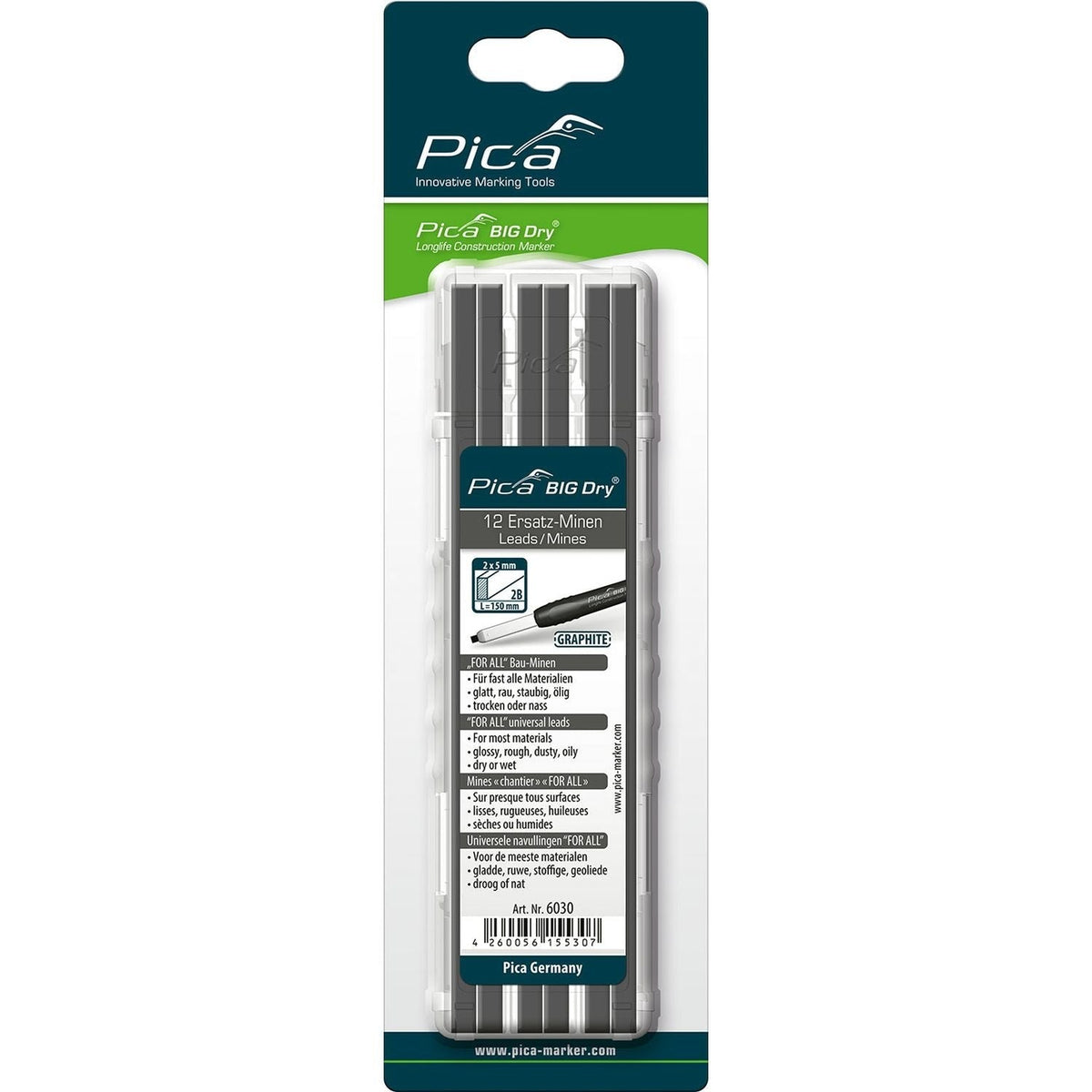 Pica 6030/SB Universal Graphite Pencil Lead Refill Package, 12-Pack