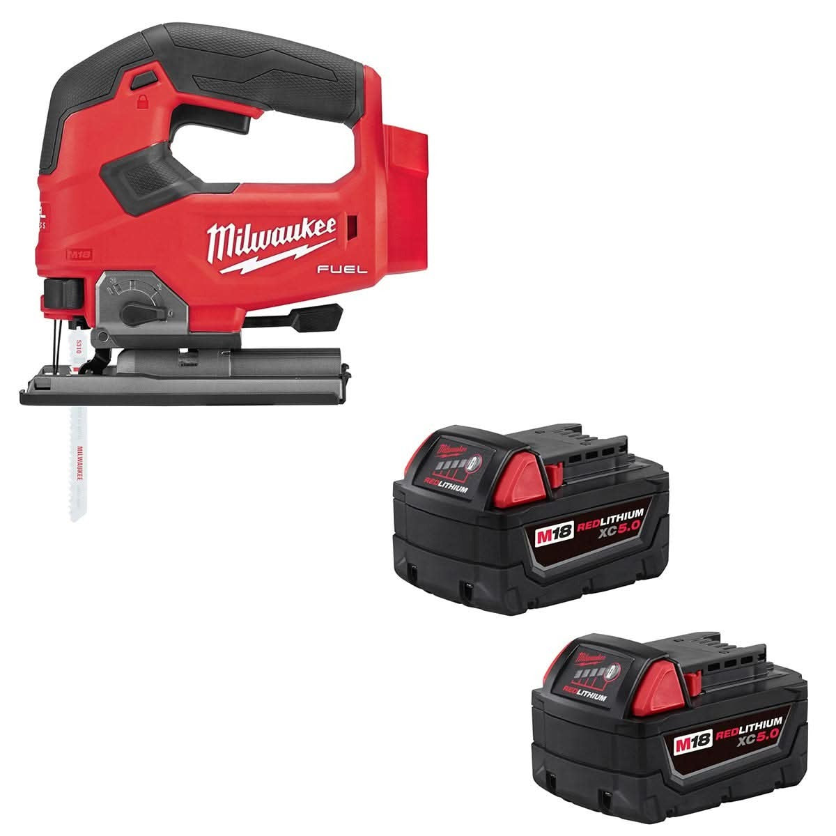 Milwaukee 2737-20 M18 Fuel D-Handle Jig Saw with M18 Redlithium XC 5.0Ah Extended Capacity Battery, 2-Pack