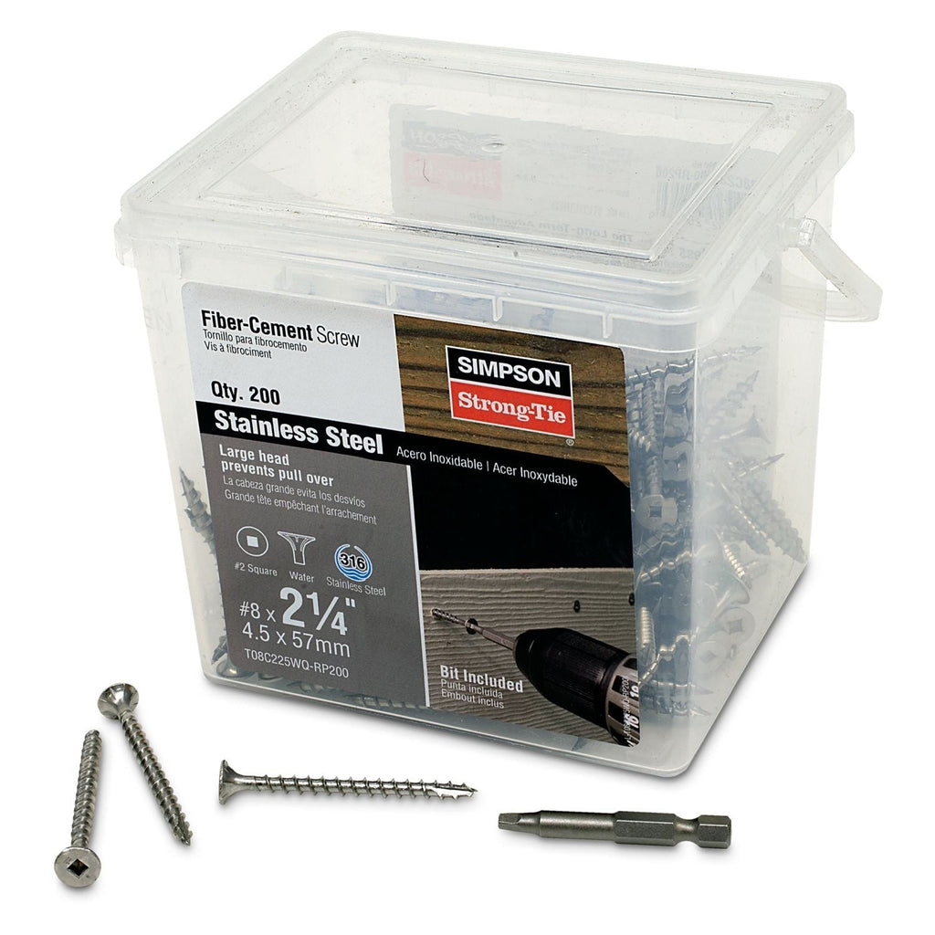 Simpson Strong-Tie T08C225WQ-RP200 Fiber-Cement Screw, #8 x 2-1/4-in. #2 Square Wafer-Head, Type 316, 200-Pack