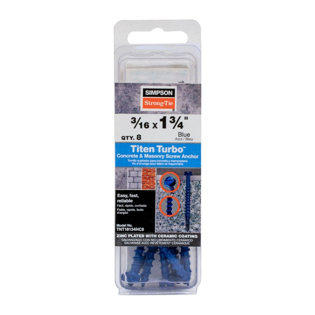 Simpson Strong-Tie TNT18134HC8 Titen Turbo, 3/16-in. x 1-3/4-in. Hex-Head Concrete and Masonry Screw, Blue, 8-Pack