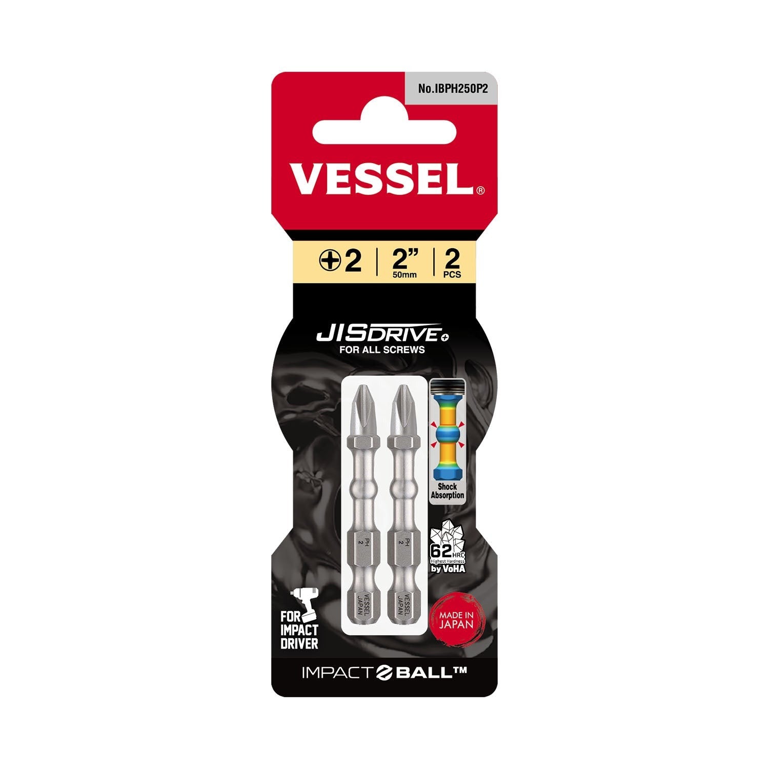 Vessel IBPH250P2 Impact Ball Torsion Phillips #2 Bit, 2-Pack
