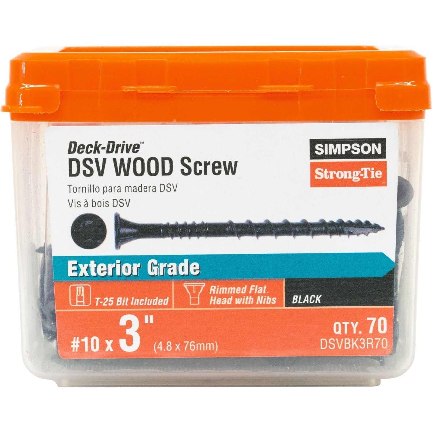Simpson Strong-Tie DSVBK3R70 Deck-Drive DSV WOOD Screw, #10 x 3-in. T25, Flat Head, Quik Guard, Black, 70-Pack