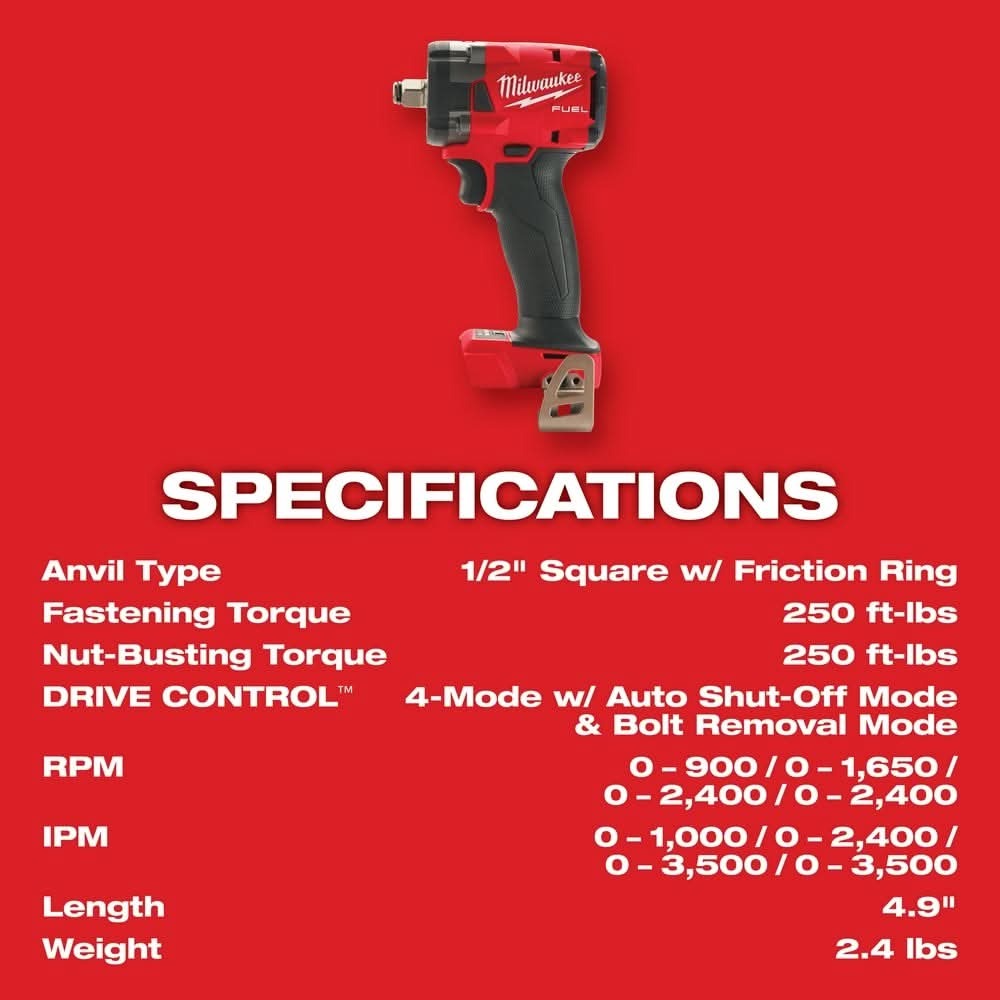 Milwaukee 2855-20 M18 FUEL 1/2-Inch Compact Impact Wrench with Friction Ring, Tool Only