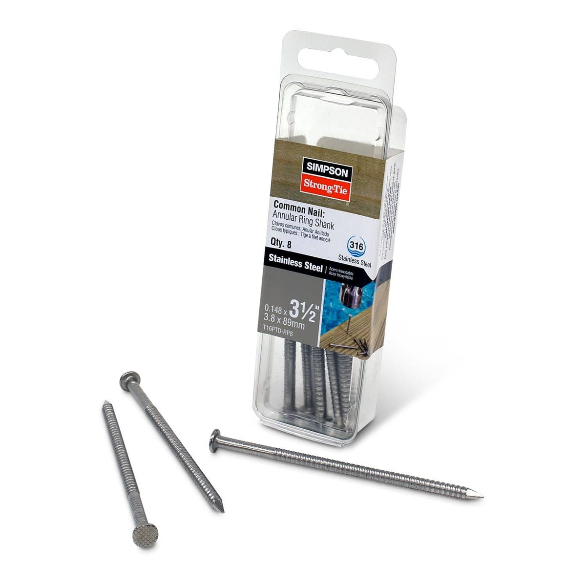 Simpson Strong-Tie T16PTD-RP8 Preservative-Treated Wood Decking Nail, Ring Shank, 3-1/2-in. x .148-in. Type 316, 8-Pack