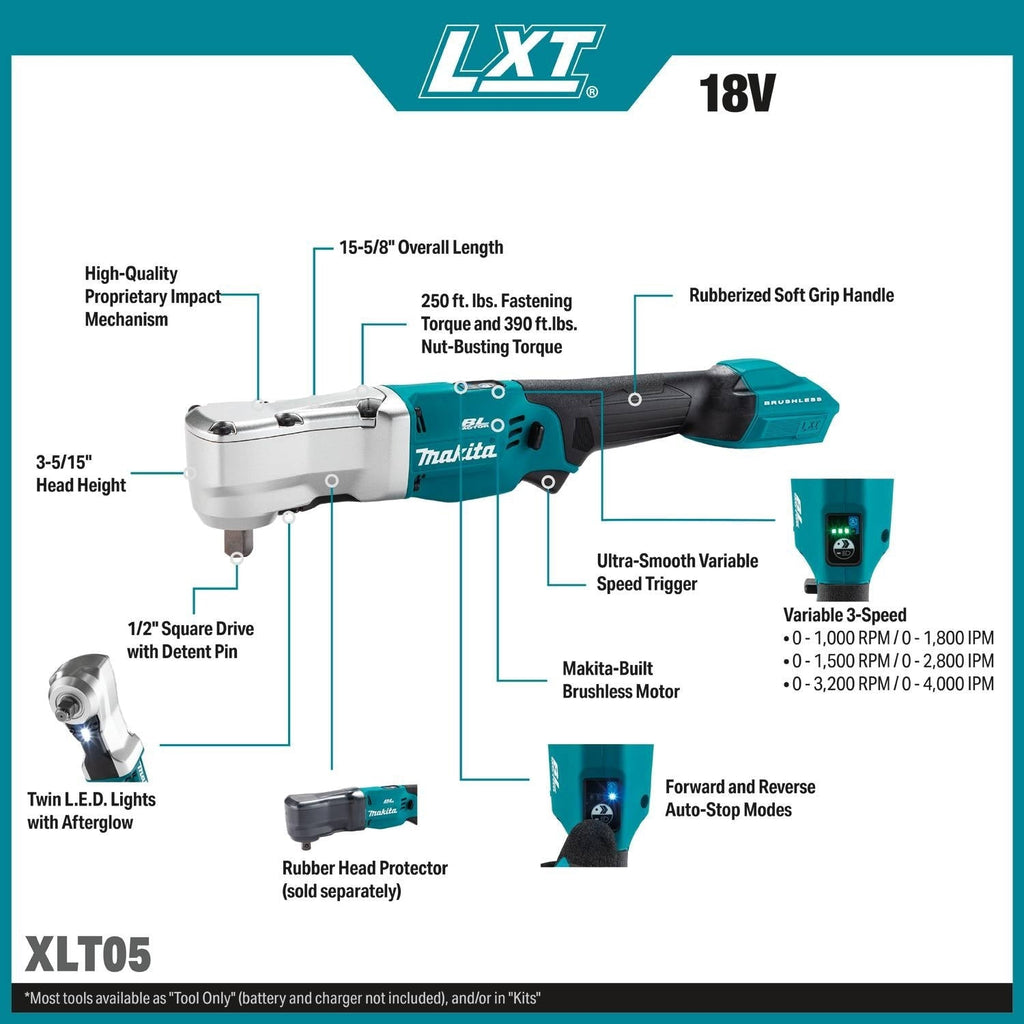Makita XLT05Z 18V LXT Brushless High Torque 1/2-in. Angle Impact Wrench w/ Detent Pin, Tool Only