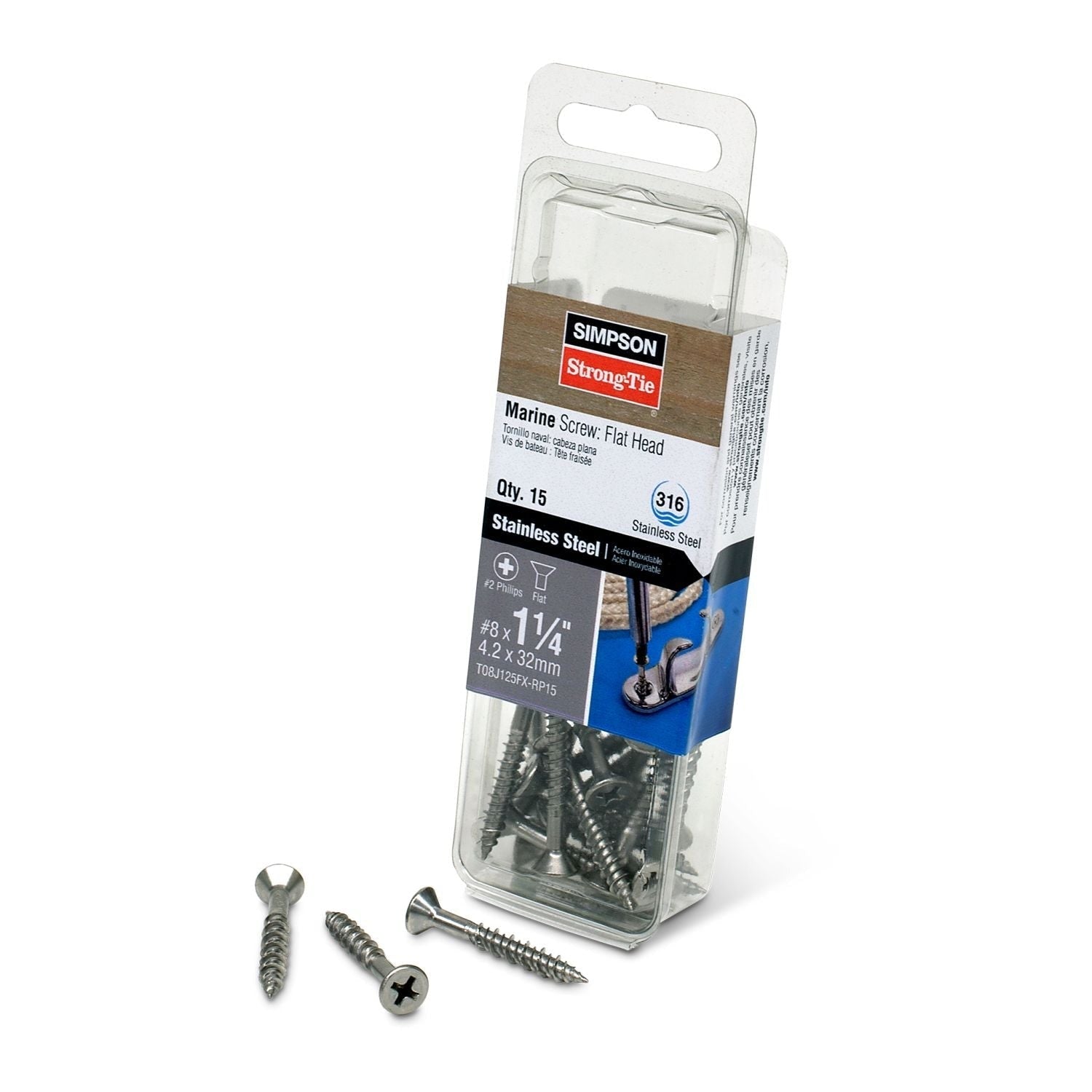 Simpson Strong-Tie T08J125FX-RP15 Marine Screw, Flat Head, #8 x 1-1/4-in. #2 Phillips Drive, Type 316, 15-Pack
