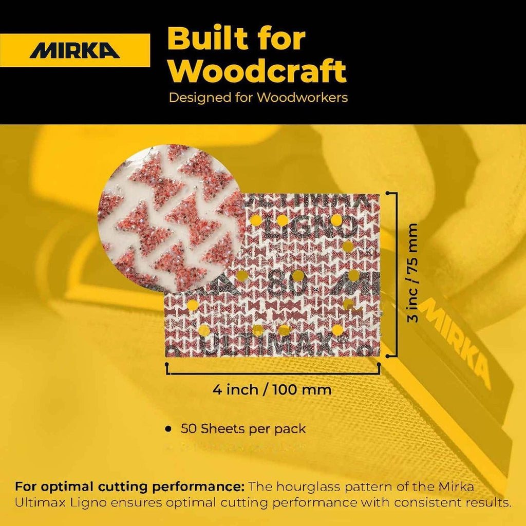 Mirka Ultimax Ligno 3 x 4-in. P180 Hook-and-Loop Sanding Sheets, 50-Pack (UL-6B8-180)