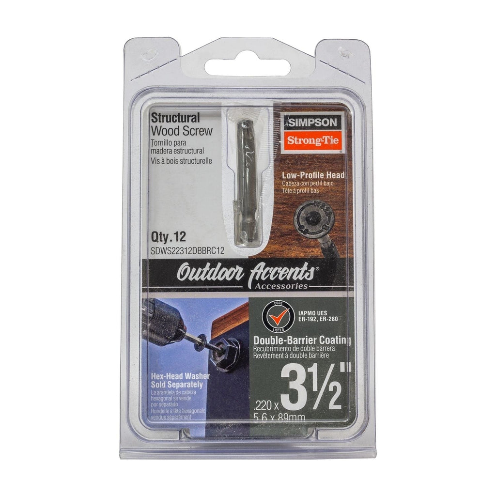 Simpson Strong-Tie SDWS22312DBBRC12 Outdoor Accents Structural Wood Screw, .220-in. x 3-1/2-in. DB Coating, Black, 12-Pack