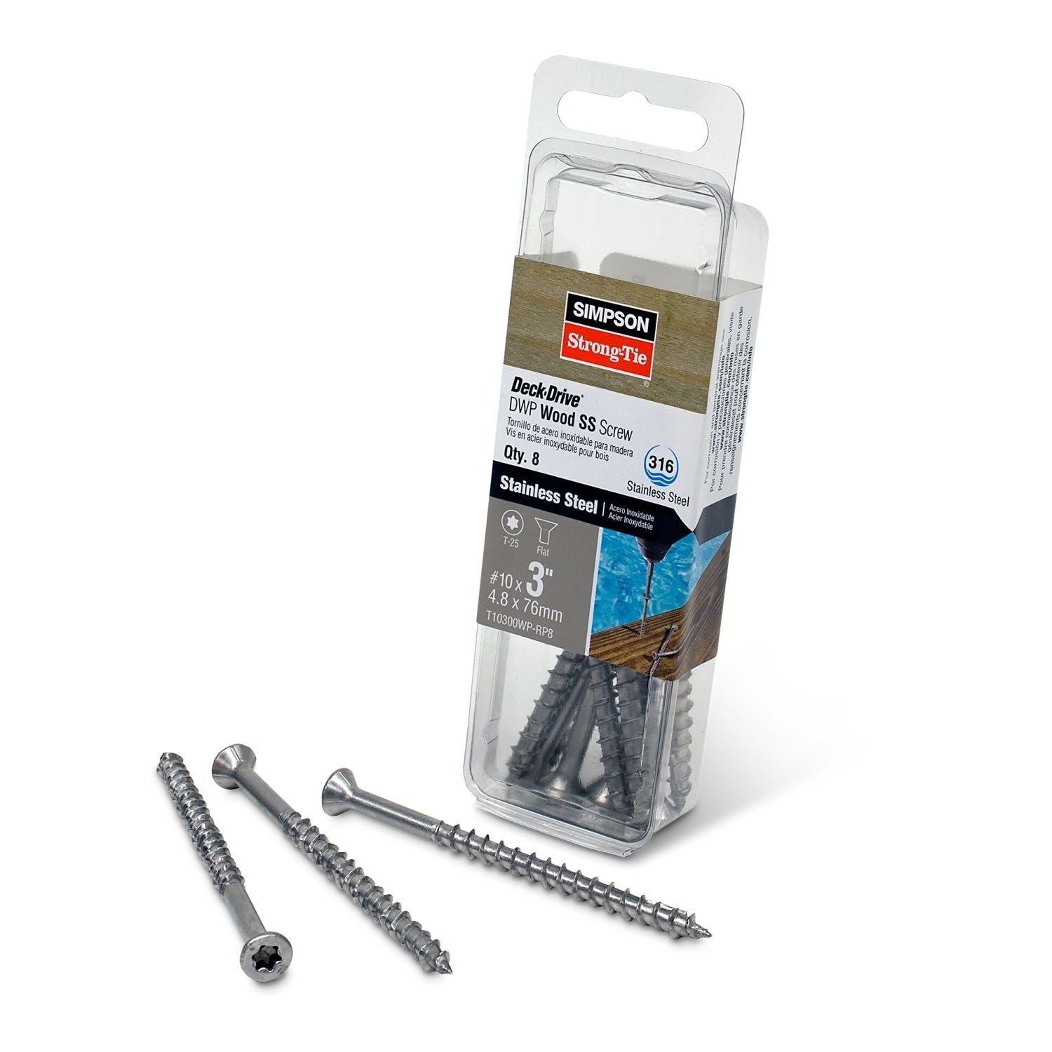 Simpson Strong-Tie T10300WP-RP8 Deck-Drive DWP WOOD SS Screw, #10 x 3-in. T-25, Flat Head, Type 316, 8-Pack