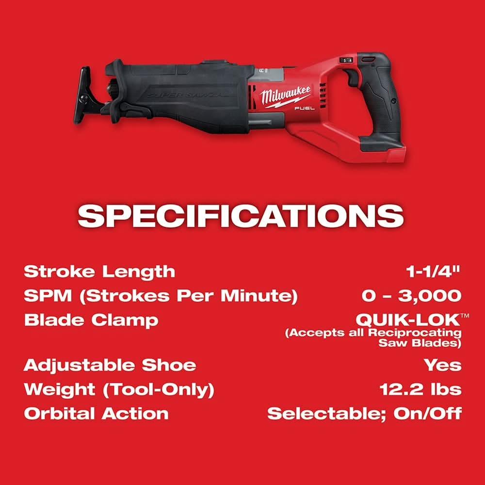 Milwaukee 2722-20 M18 Fuel Super Sawzall Reciprocating Saw 5.0Ah Kit w/ 15-Pc SAWZALL Blade PACKOUT Kit