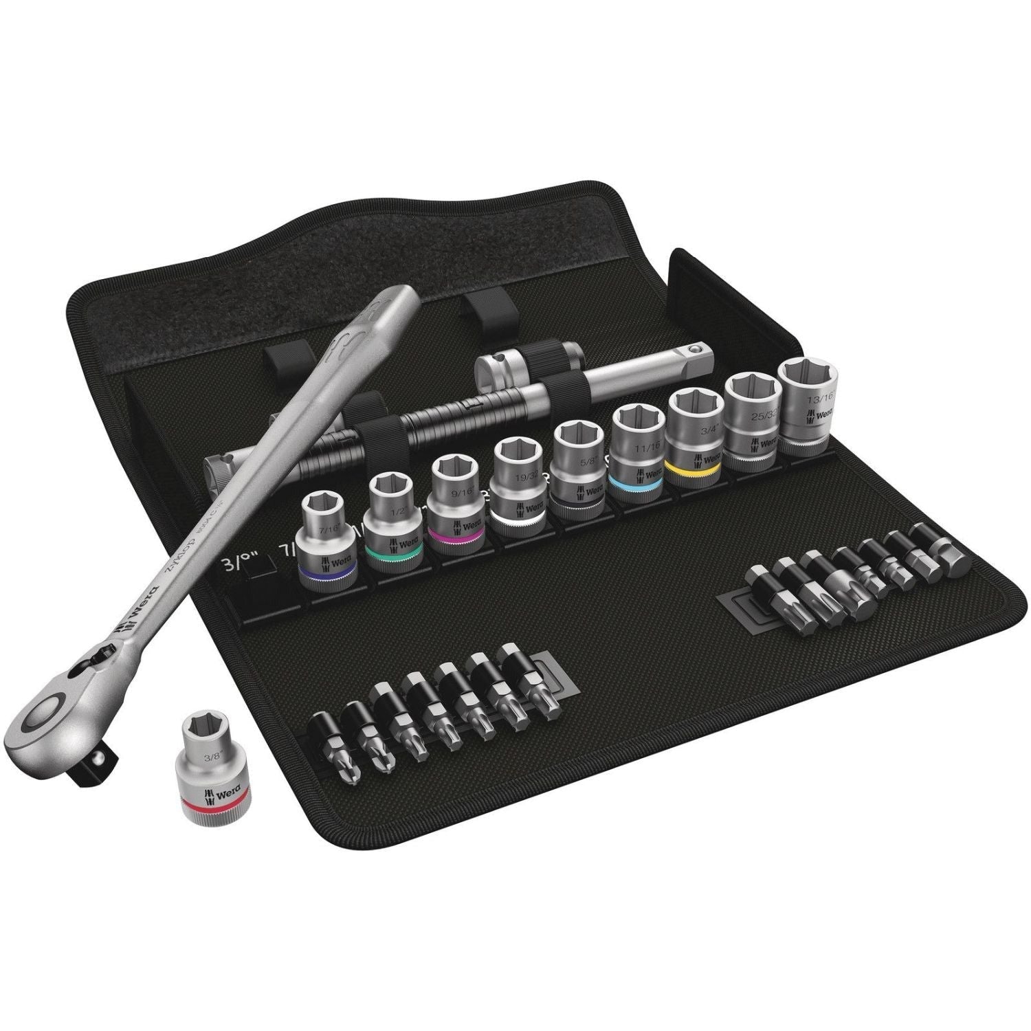 Wera 8100 Sc 11 Zyklop Metal Ratchet Set With Switch Lever, 1/2-in. Drive, Imperial, 28-Pieces