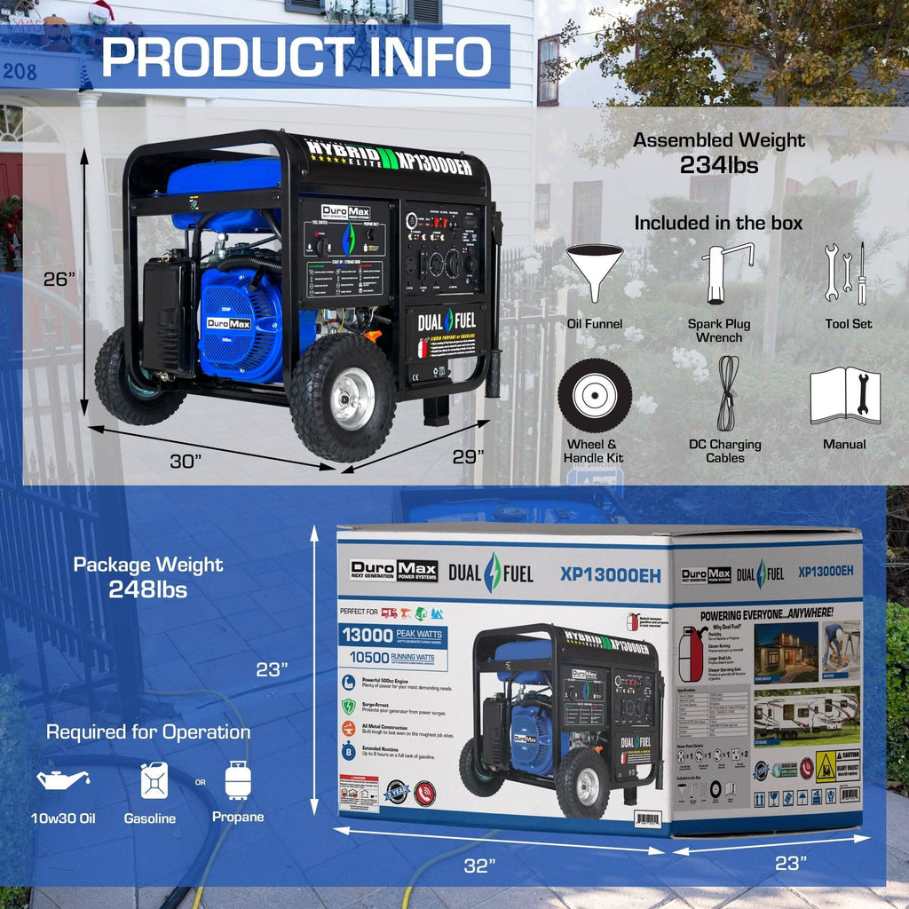 DuroMax XP13000EH 13,000-Watt 500cc Portable Hybrid Gas Propane Generator