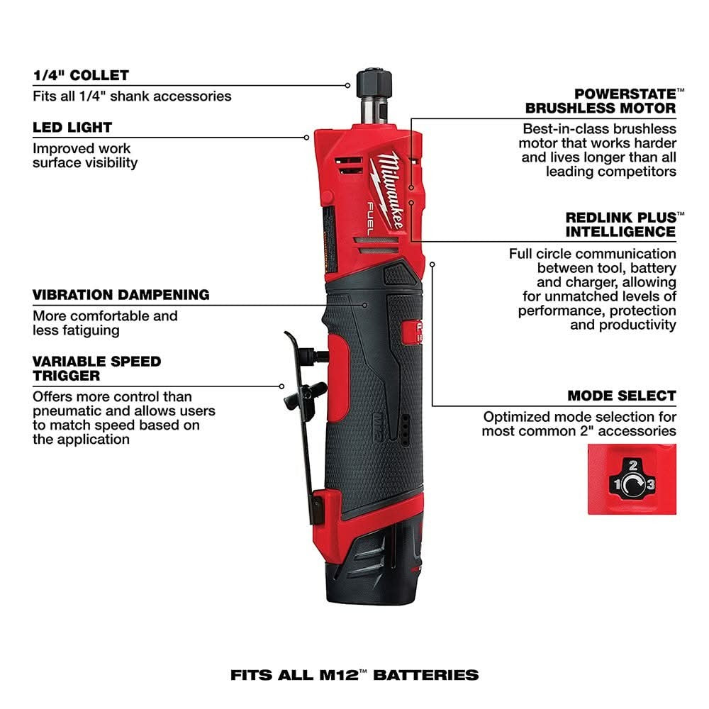 Milwaukee 2486-22 M12 FUEL Brushless Straight Die Grinder 2.0Ah Kit