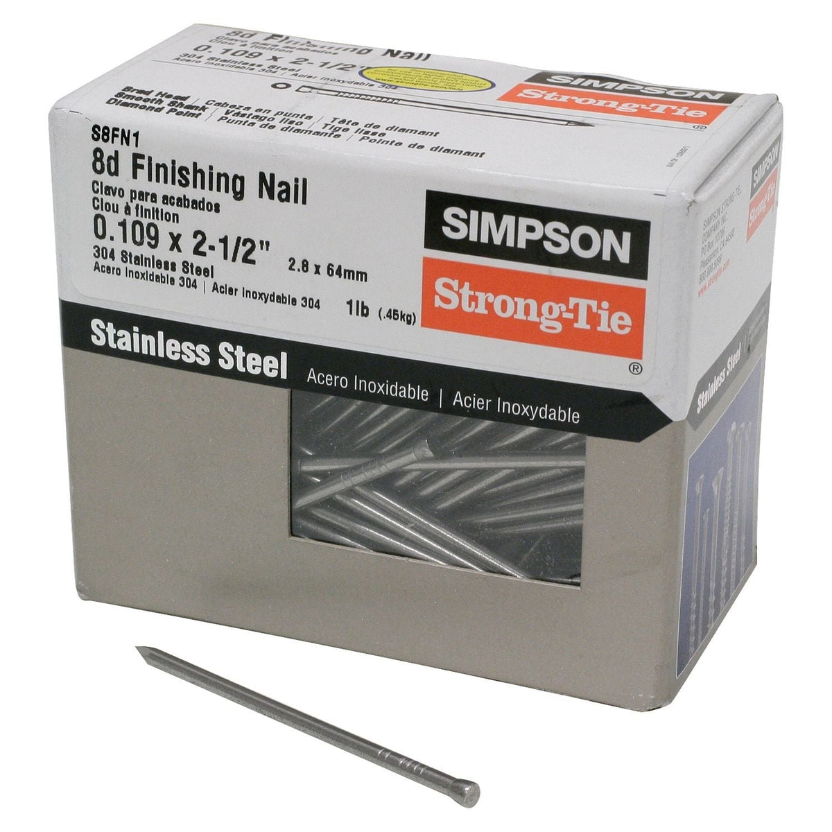 Simpson Strong-Tie S8FN1 Finishing Nail, 2-1/2-in. x .113-in. Type 304 Stainless Steel, 1-lb.