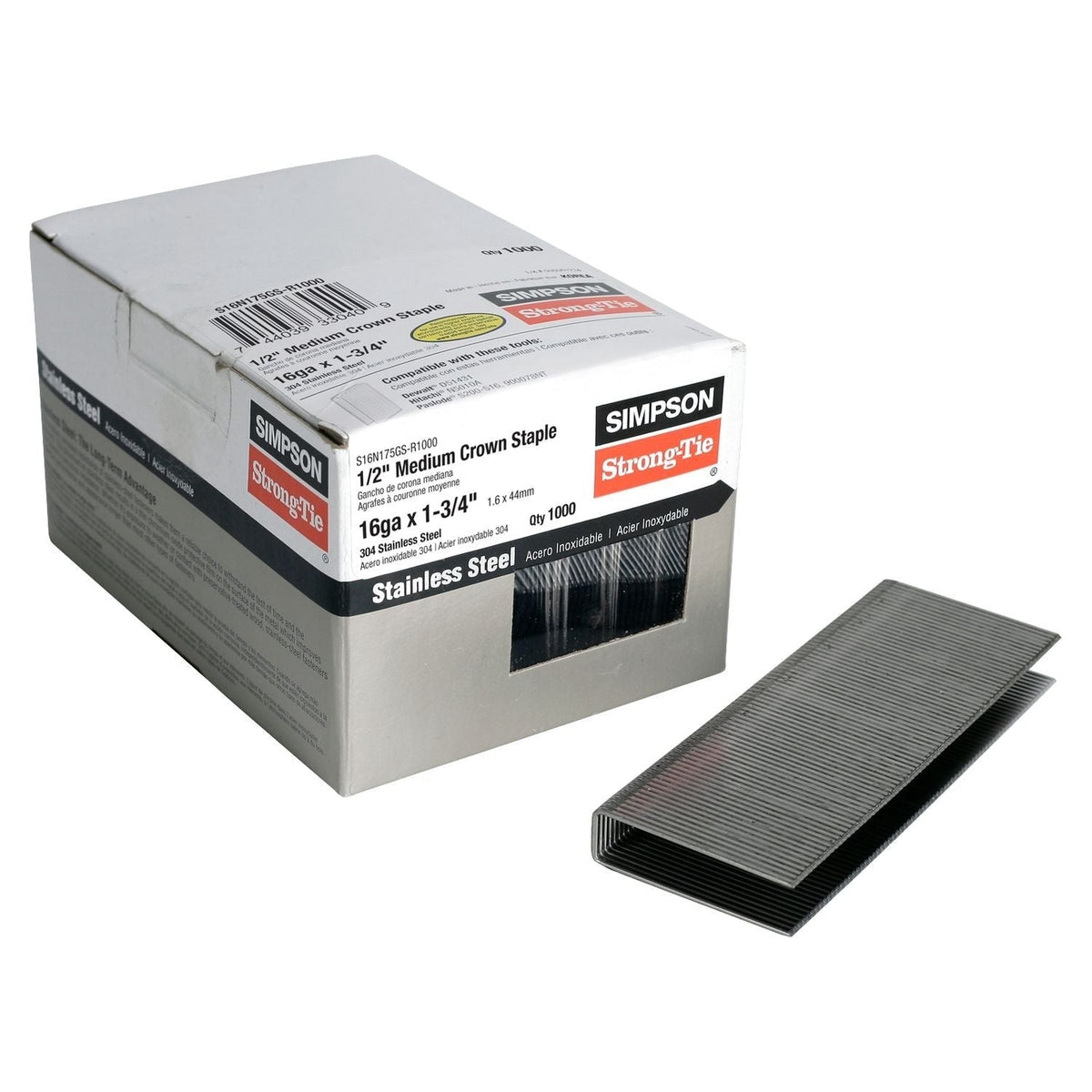 Simpson Strong-Tie S16N175GS-R1000 1/2-in. Crown, 16-Gauge Staples, 1-3/4-in. Type 304 Stainless Steel, 1000-Pack