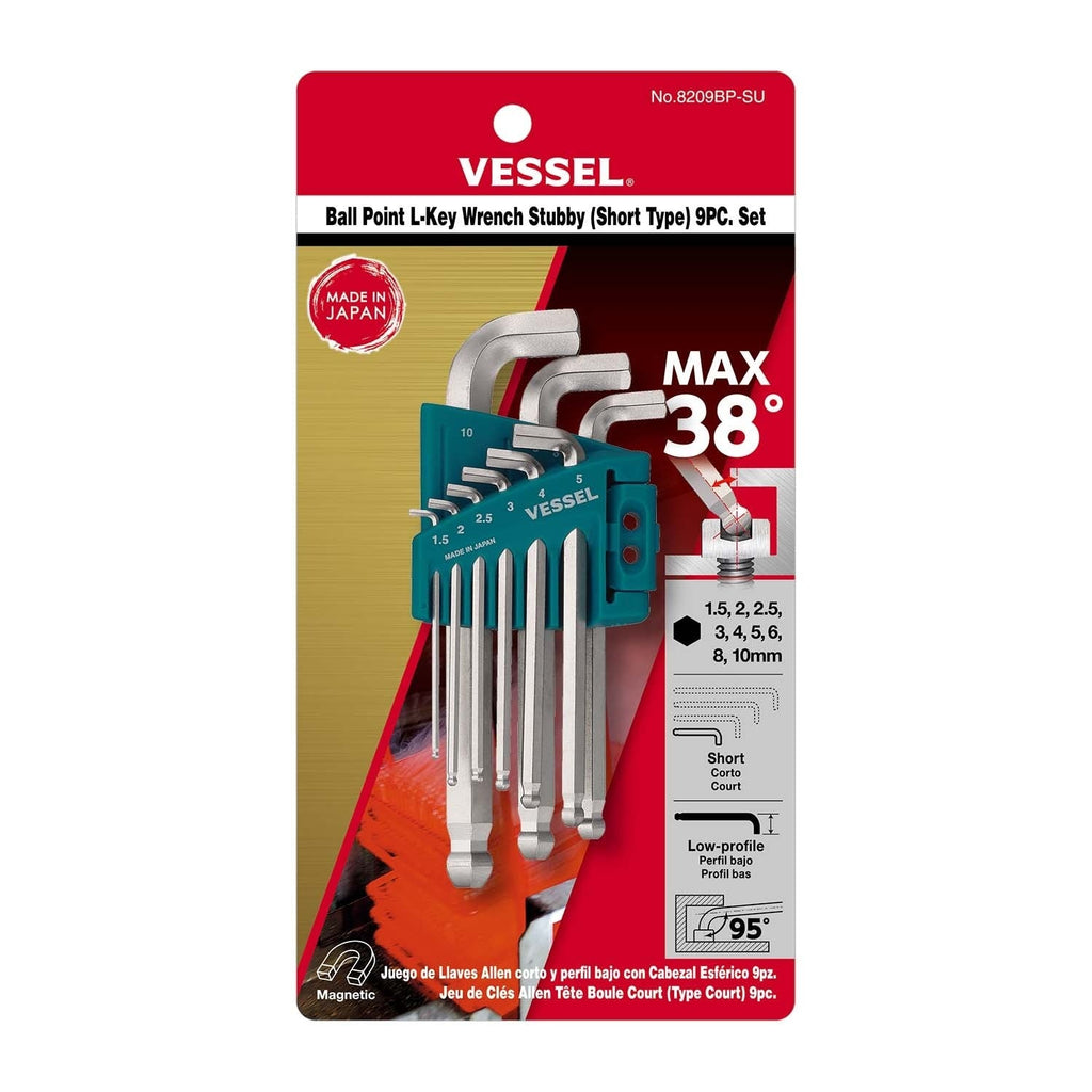 Vessel 8209BPSU Ball Point Hex L-Key Wrench, Stubby Short Type, 9-Piece Set