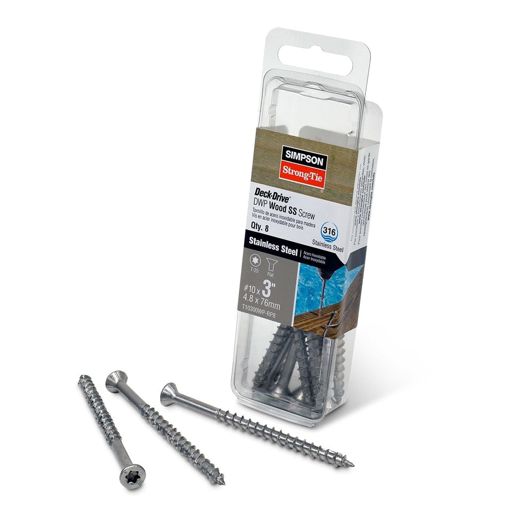 Simpson Strong-Tie T10300WP-RP8 Deck-Drive DWP WOOD SS Screw, #10 x 3-in. T-25, Flat Head, Type 316, 8-Pack