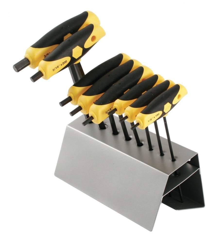 Wiha 33499 Soft Grip Dual Drive Ball End Hex T-Handle Inch Black Finish 8 Piece Set in Metal Stand