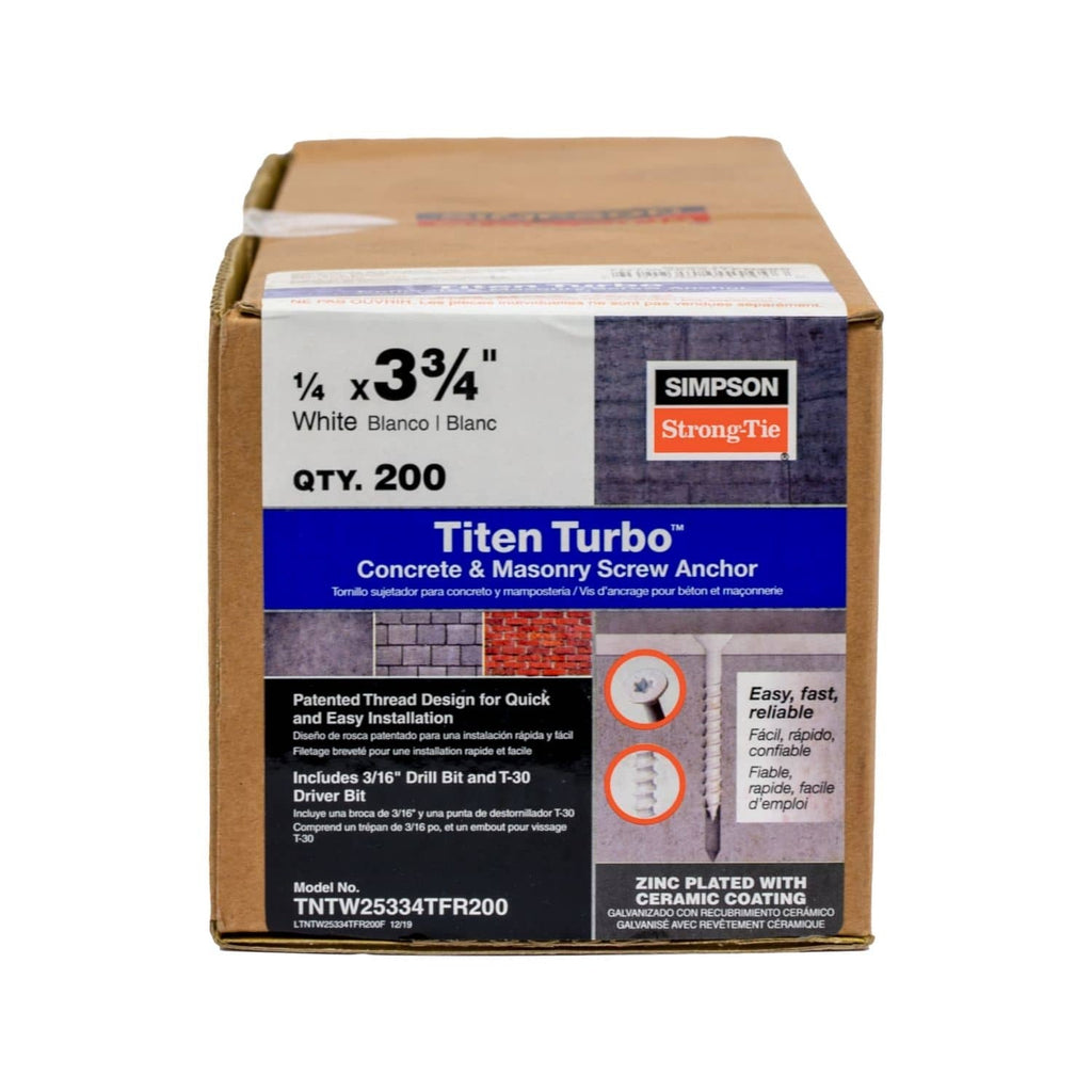 Simpson Strong-Tie TNTW25334TFR200 Titen Turbo, 1/4-in. x 3-3/4-in. 6-Lobe Flat-Head Concrete and Masonry Screw, White, 200-Pack