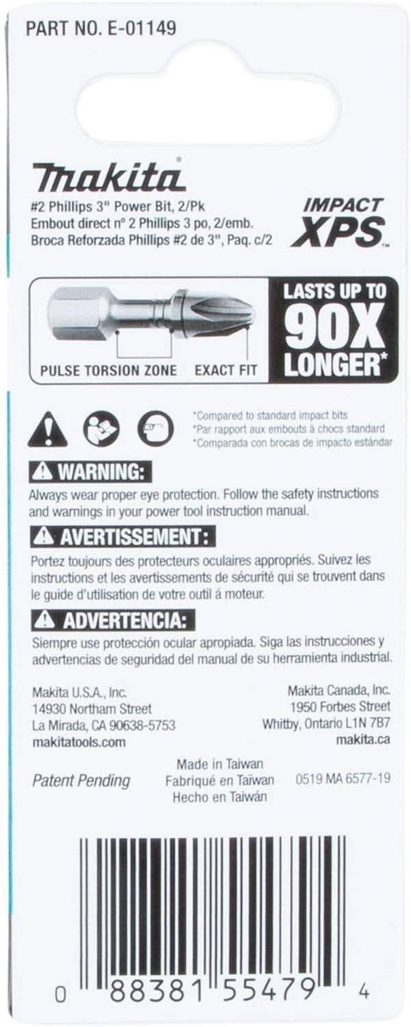 Makita E-01149 Impact XPS #2 Phillips 3" Power Bit, 2/pk
