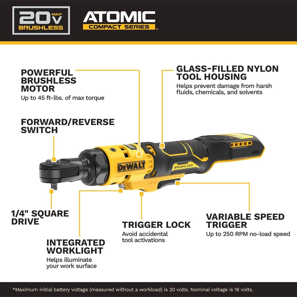 DeWALT DCF514B ATOMIC 20V MAX Brushless Cordless 1/4-in. Ratchet, Tool Only