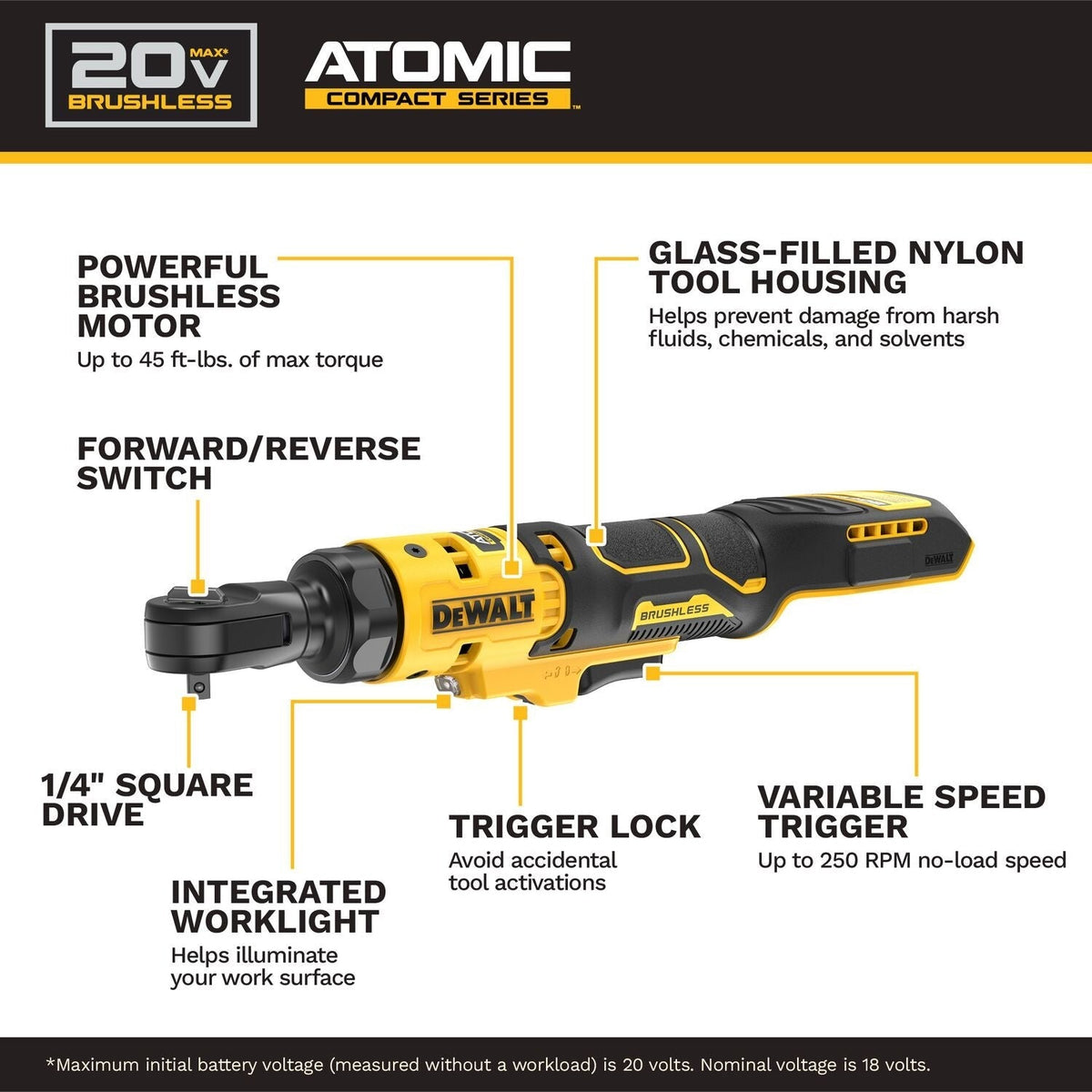 DeWALT DCF514B ATOMIC 20V MAX Brushless Cordless 1/4-in. Ratchet, Tool Only