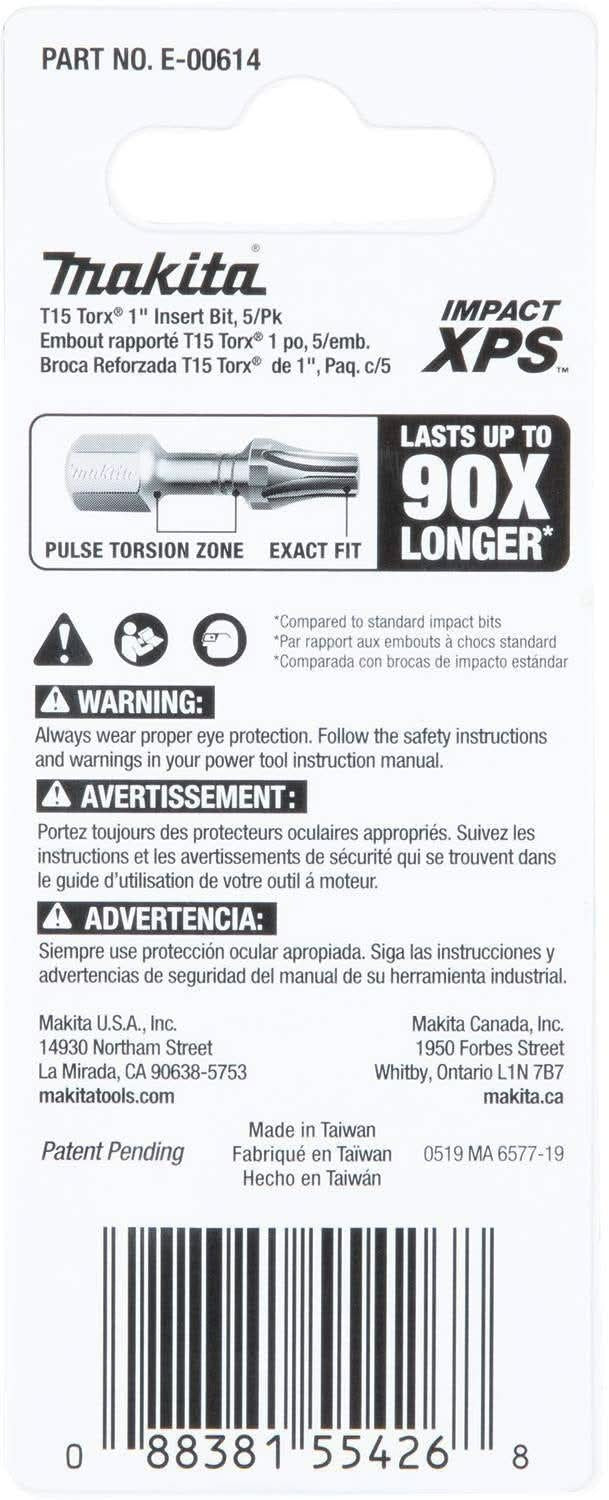 Makita E-00614 Impact XPS T15 Torx 1" Insert Bit, 5/pk
