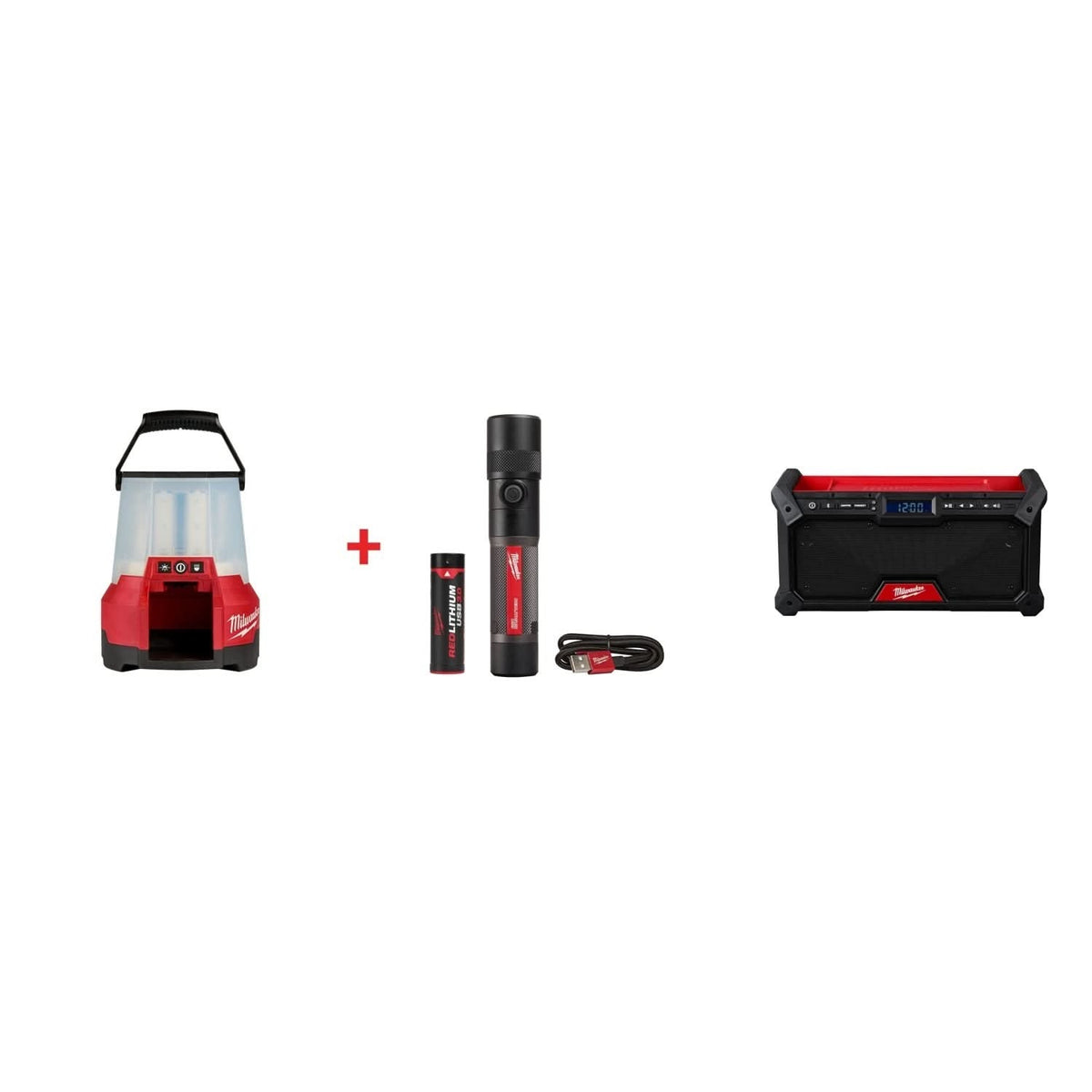 Milwaukee M18 RADIUS LED Site Light & Twist Focus USB Flashlight Set with M18 Bluetooth Jobsite Radio