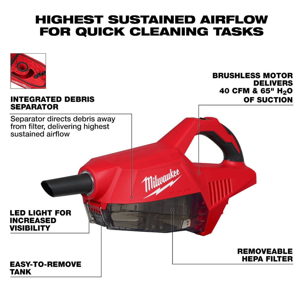 Milwaukee 0892-20 M18 Brushless Handheld Vacuum w/ M18 REDLITHIUM 2.0Ah Compact Battery Pack