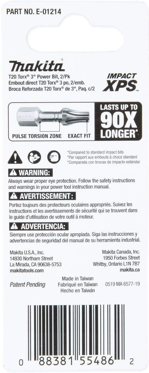 Makita E-01214 Impact XPS T20 Torx 3" Power Bit, 2/pk