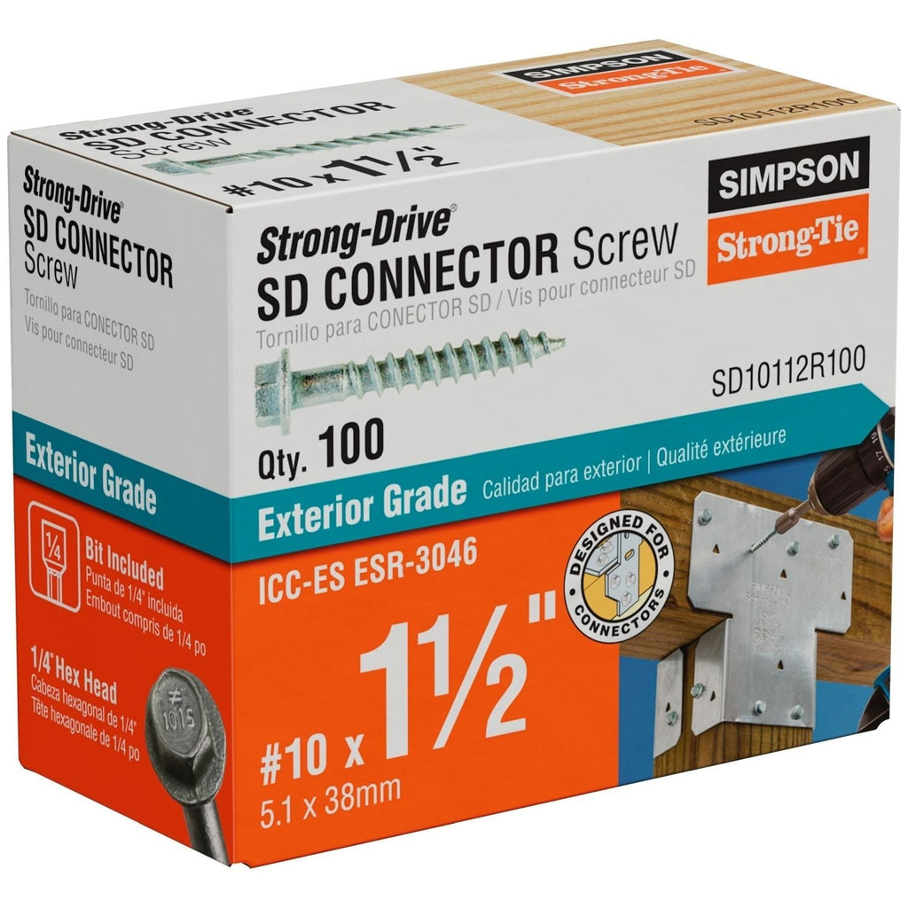 Simpson Strong-Tie Strong-Drive SD CONNECTOR Screw, #10 x 1-1/2-in. 1/4-Hex Drive, Mech. Galv., 100-Pack (SD10112R100)