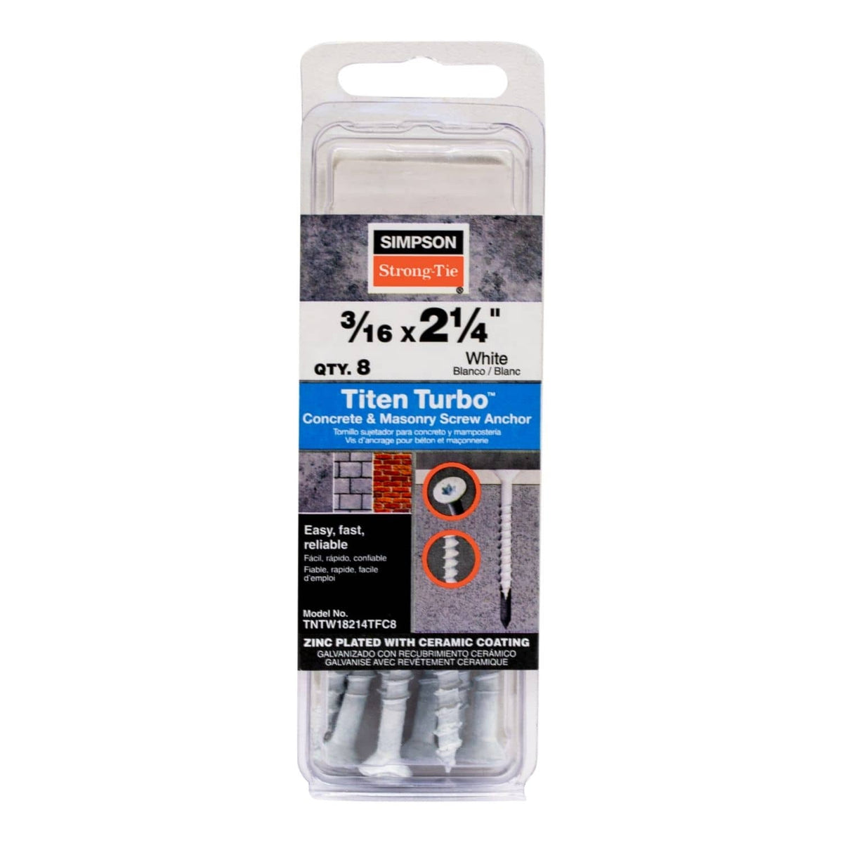 Simpson Strong-Tie TNTW18214TFC8 Titen Turbo, 3/16-in. x 2-1/4-in. 6-Lobe Flat-Head Concrete and Masonry Screw, White, 8-Pack