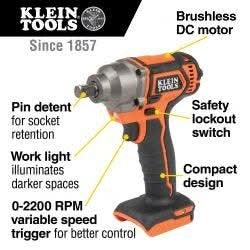 Klein Tools BAT20CW Battery-Operated Compact Impact Wrench, 1/2-Inch Detent Pin, Tool Only