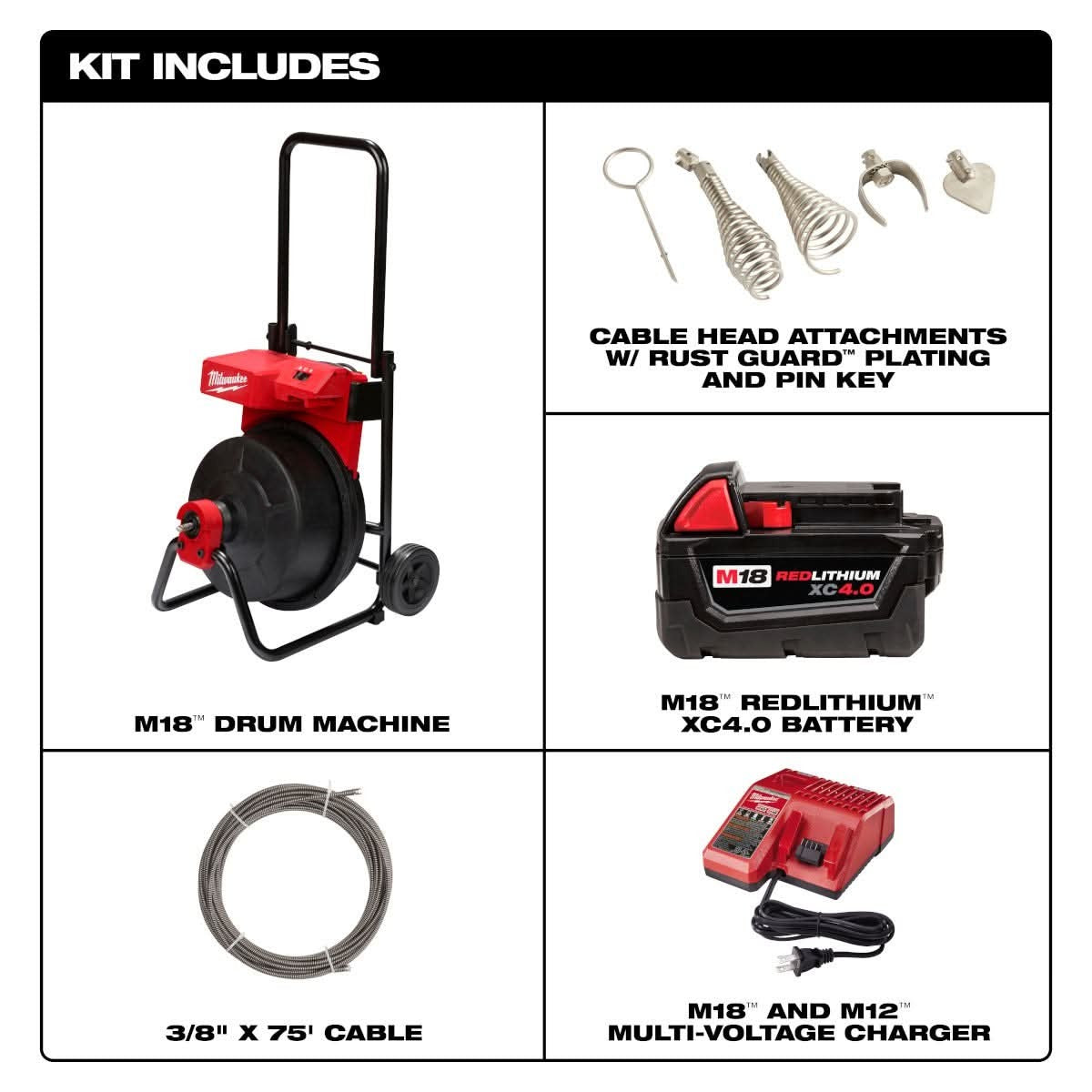 Milwaukee 2817A-21 M18 Drum Machine with 3/8-in Cable 4.0 Ah Kit