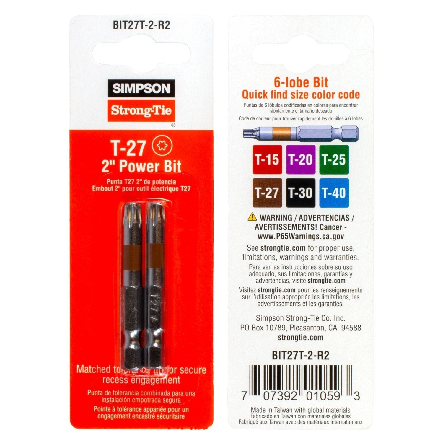 Simpson Strong-Tie BIT27T-2-R2 T27 6-Lobe-Drive 2-in. Power Bit, 2-Pack