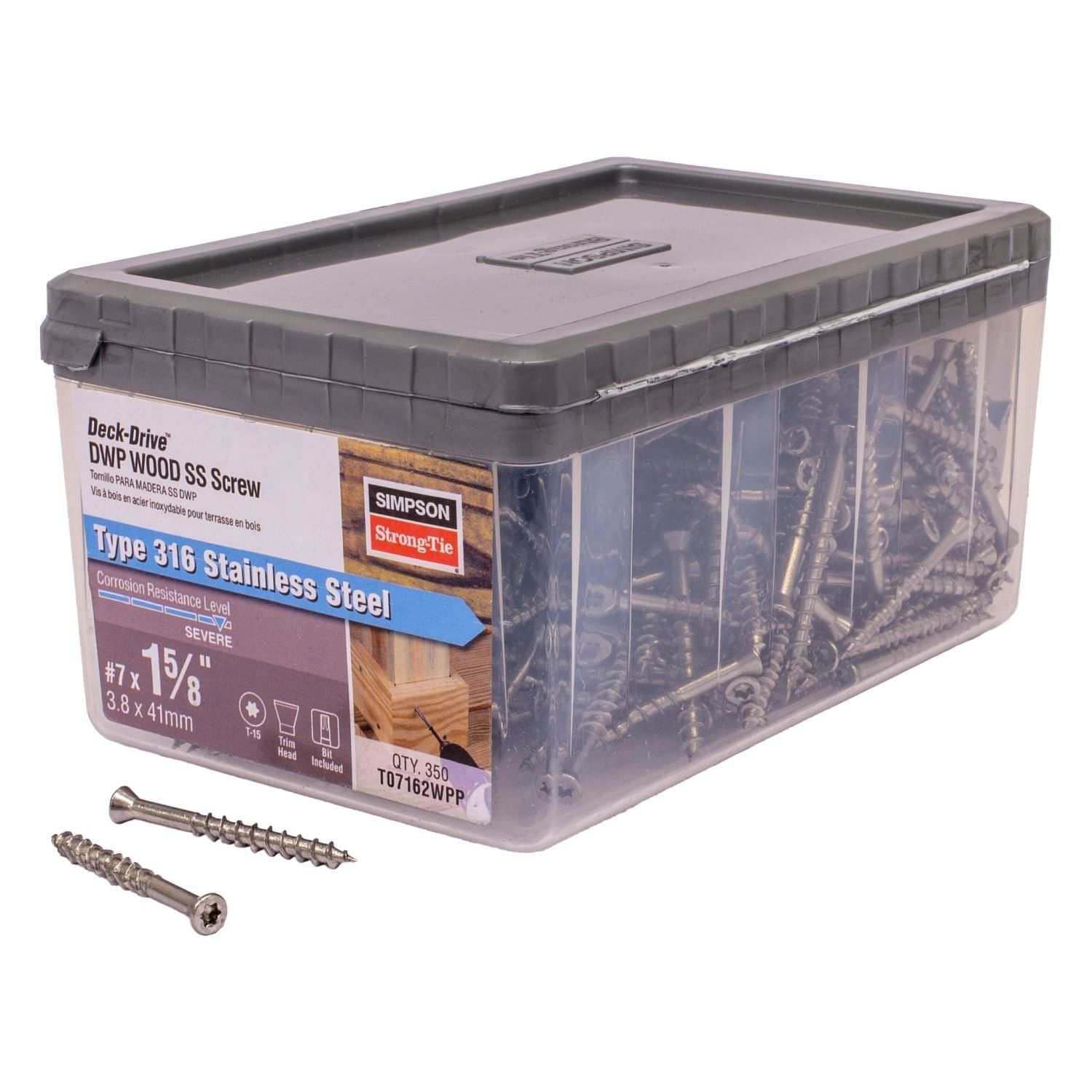 Simpson Strong-Tie T07162WPP Deck-Drive DWP WOOD SS Screw, #7 x 1-5/8-in. T-15, Trim Head, Type 316, 350-Pack
