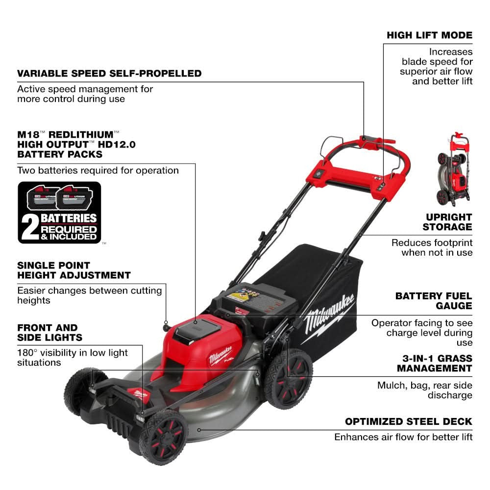 Milwaukee 2823-22HD M18 FUEL 21" Self-Propelled Dual Battery Mower with Cover + 2 M18 REDLITHIUM HIGH OUTPUT HD12.0 Battery Packs
