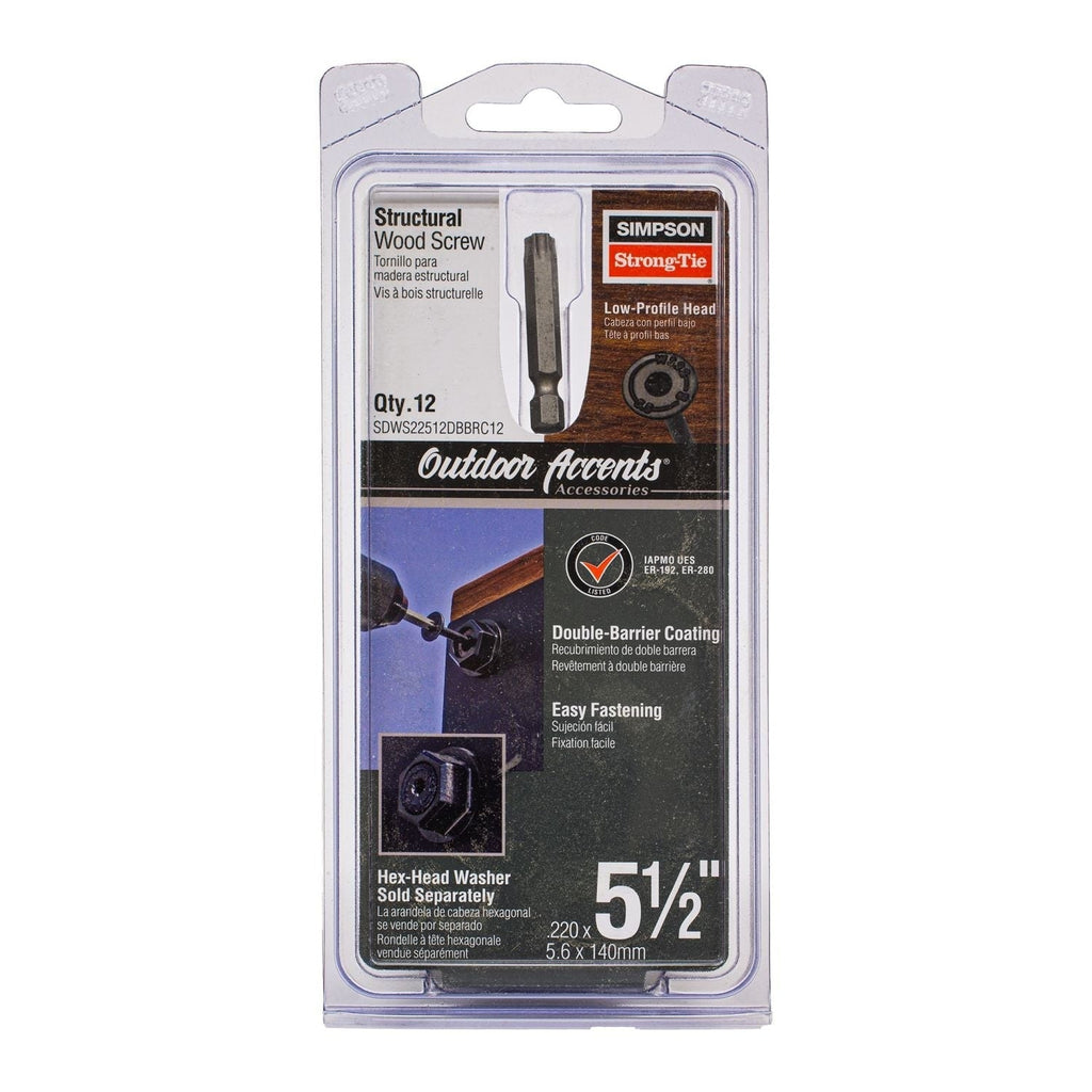 Simpson Strong-Tie SDWS22512DBBRC12 Outdoor Accents Structural Wood Screw, .220-in. x 5-1/2-in. DB Coating, Black, 12-Pack