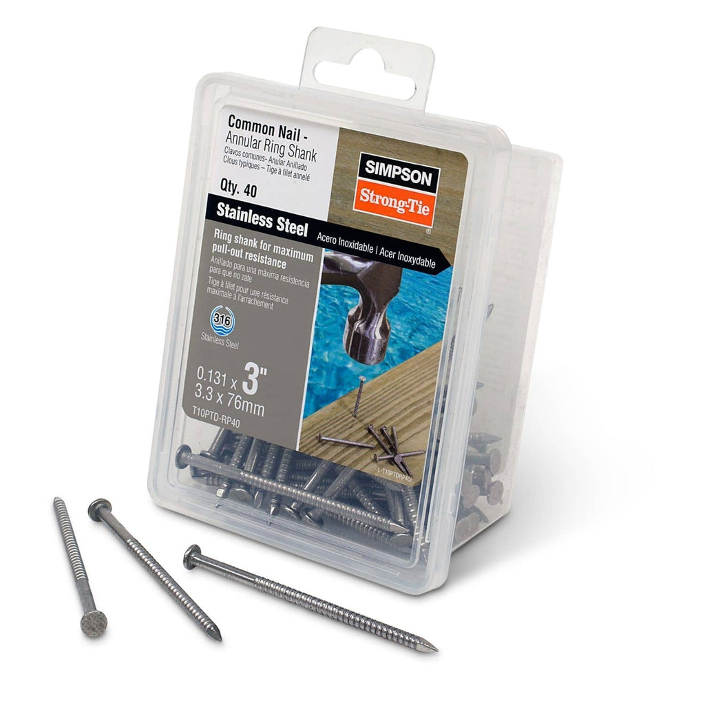Simpson Strong-Tie T10PTD-RP40 Preservative-Treated Wood Decking Nail, Ring Shank, 3-in. x .131-in. Type 316, 40-Pack