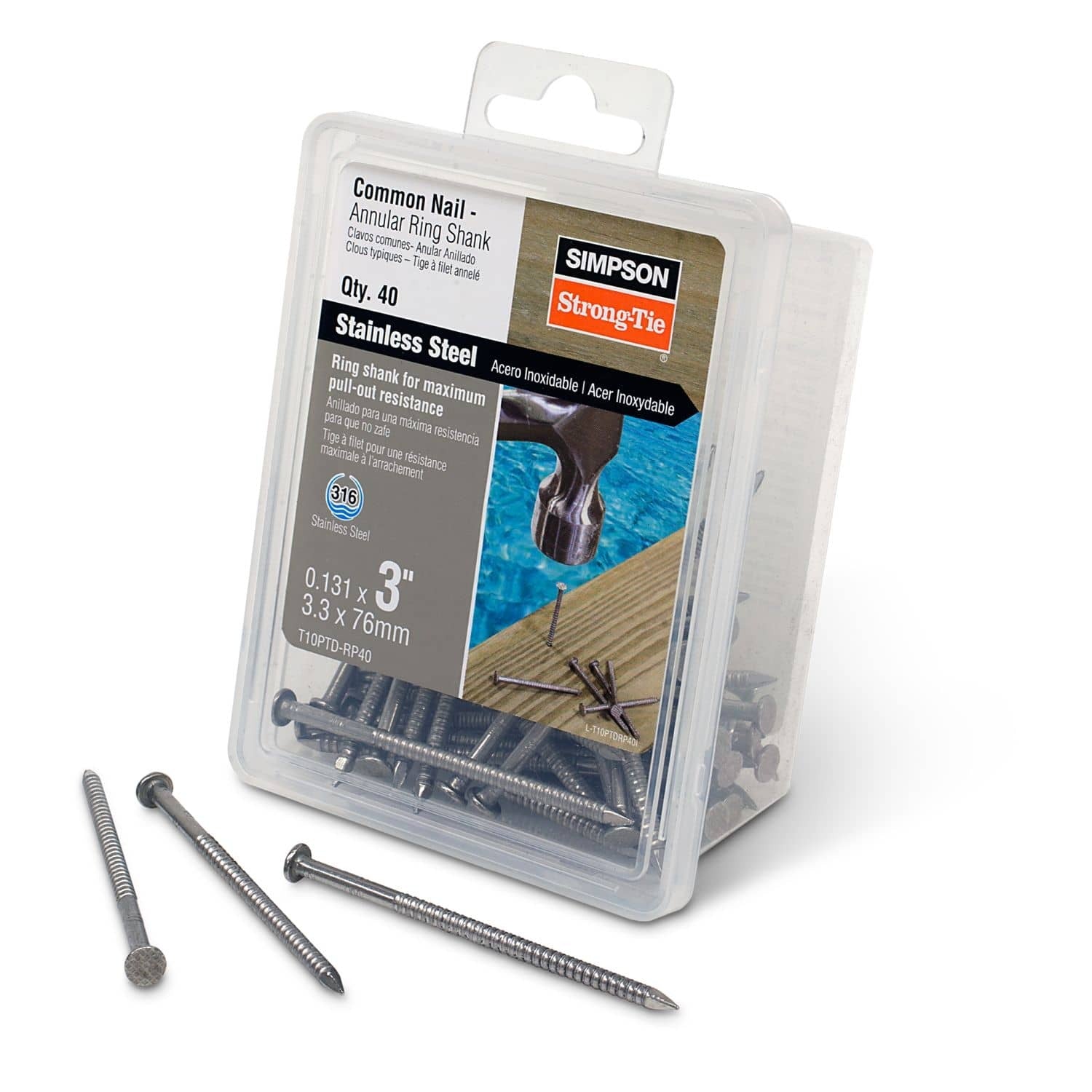 Simpson Strong-Tie T10PTD-RP40 Preservative-Treated Wood Decking Nail, Ring Shank, 3-in. x .131-in. Type 316, 40-Pack